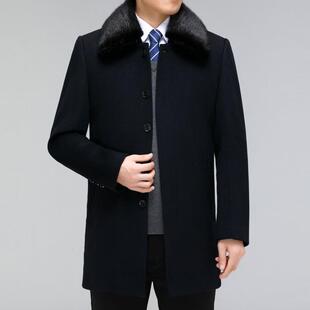冬季羊绒大衣中款带毛领羊呢外套中老男年爸爸长装6807-YY加绒呢