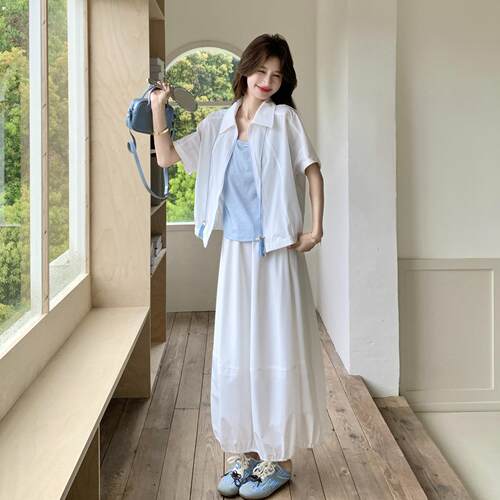 白色韩系松弛感背休闲2B21-26套装裙女夏季袖外短套半身裙三心件