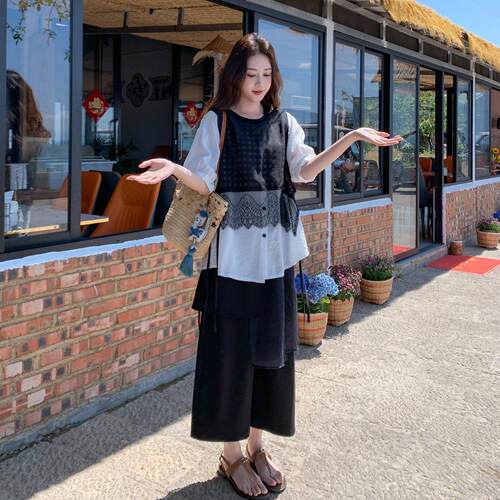 众设计感蕾丝拼接假两件上衣套装C153-312夏季年新款件阔小腿女裤