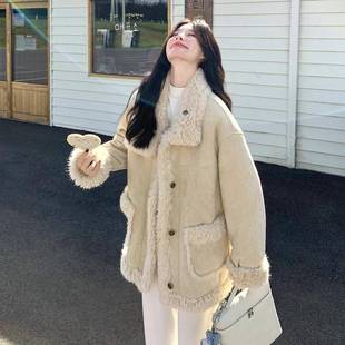 米黄色体仿暖皮毛一羊C198 休闲减龄加绒加厚 661羔毛外套冬保女款