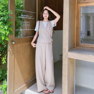 法式时尚腿设计感腰系带马甲2B150-65夏套装女日短袖内搭高阔裤三