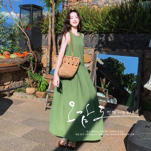 色法C327-662连式松弛感条纹无袖衣裙女初风夏新款休闲时尚气绿质