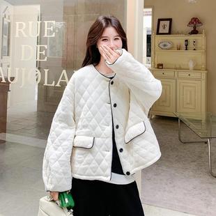 小香风白色菱形新格短款羽绒棉保女冬款韩系棉B11-75服衣棉袄轻薄