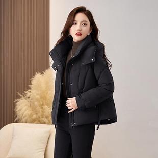 黑连ZJIN8295帽羽绒服女色短款 小子高级感加厚保暖白鸭 冬外新个款