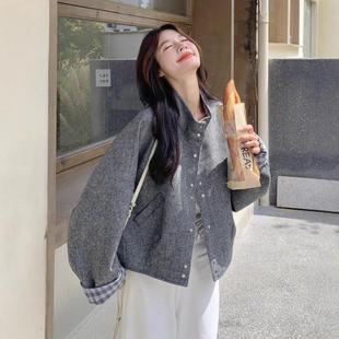 毛加厚呢子浅 优雅气接质韩系短款 灰色格子拼呢B297 177外套女冬季