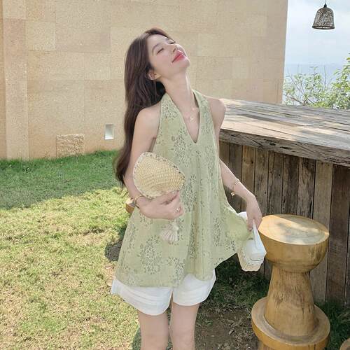 法式D115-C91清新龄装套女小新款夏件日级感提花挂脖上衣短裤两套
