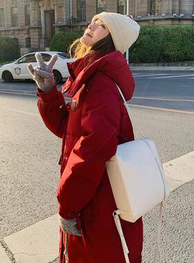 白本新年红色牛角鸭绒羽绒服外套女冬扣中长款小个命子加c176-858