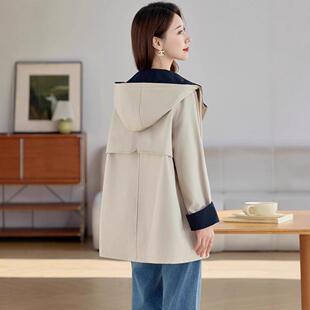 秋季百新款宽松连显瘦外套长OU6908-0款撞中色休闲搭帽女式风衣