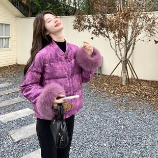 看毛服毛拼接b101 新巨好款 102白鸭绒外色 国风羽绒女冬季 紫新中式