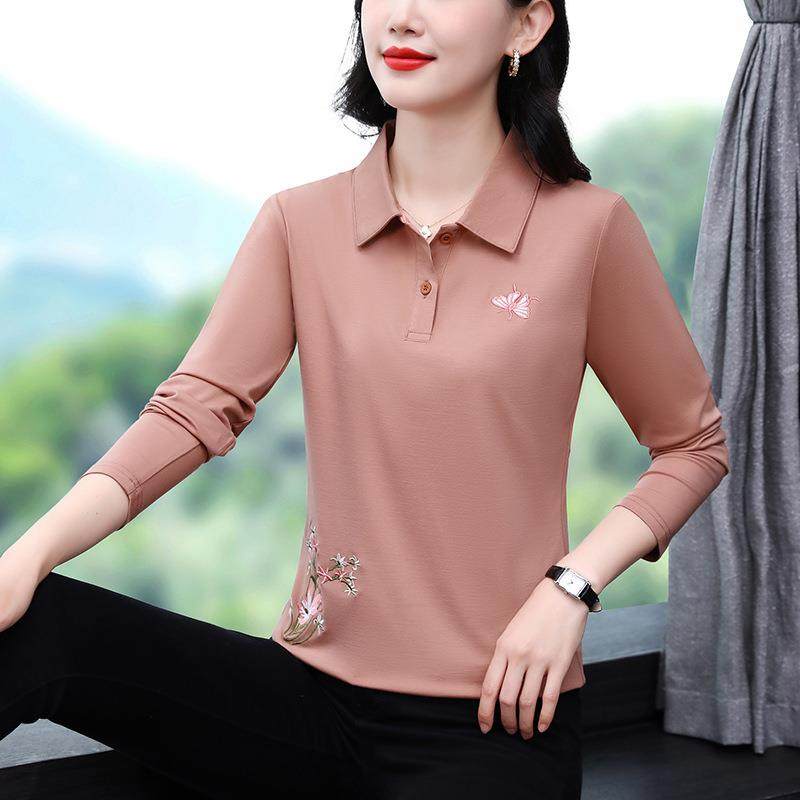 尚气时质翻领士长恤女年春秋SYXL#K20新款减龄显瘦衫袖宽松上衣