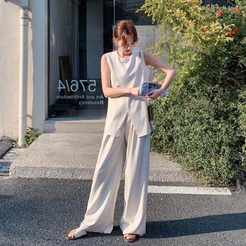 米白色法闲式甲不规则C525-T82马阔裤两件套女春夏新款休高级感腿