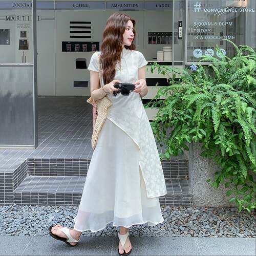 白色新中式级感C525-Q62拼接连衣夏季新款女气裙质高改良旗袍长裙