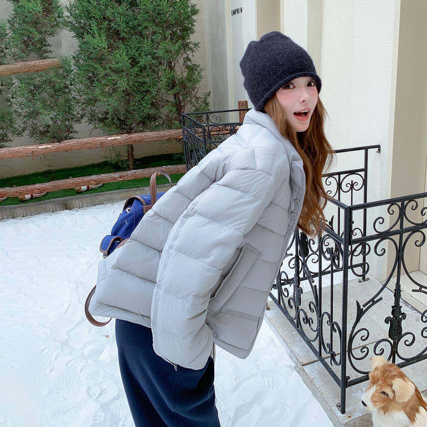 子格子拼接羽绒服女小冬羽季新款个超2B142-18好看蓝灰色韩系排骨