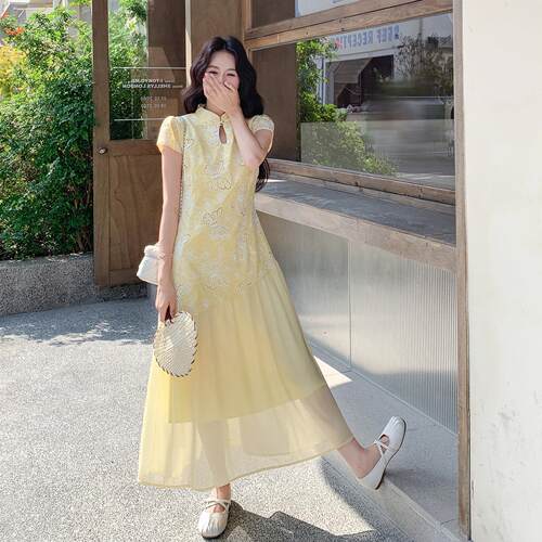 黄色新中气式刺绣改显旗袍连衣良裙女C056-72夏季新款质优雅瘦长