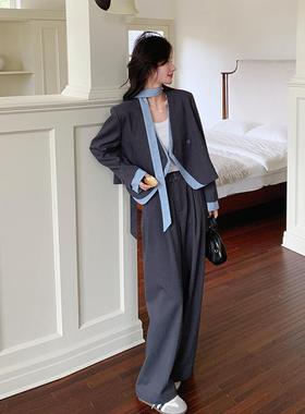 飘带拼接灰色西装套装女春两套休流行闲阔腿裤两件件ZZB1992套高