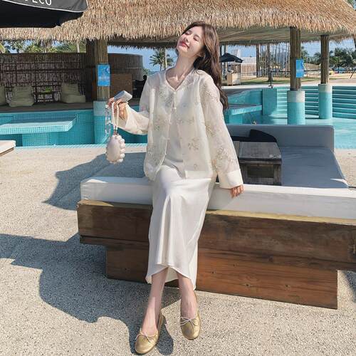 夏日新中式富家千吊衫金缎面带连衣裙套C077-592装国风刺绣开两女