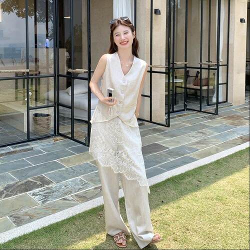 盐系季复古松弛感蕾女丝拼接休D037-101套装夏新款马闲甲阔腿裤两
