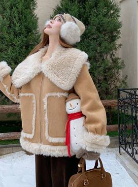 复古仿毛一体款羊羔毛皮短加厚套女冬外新款设计感大翻b171-XW领