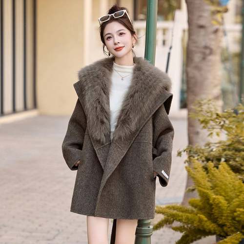 狸毛大翻领年秋冬款百优搭拼接气质狐雅百搭ZGUI2569中长款双呢大