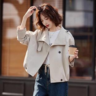 秋季新款女W556时尚翻领长双排扣女外士休闲宽袖松短式套女风衣