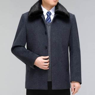 中老年大衣男短款爸爸装冬季加绒羊毛呢子绒风衣翻羊领带毛领外套