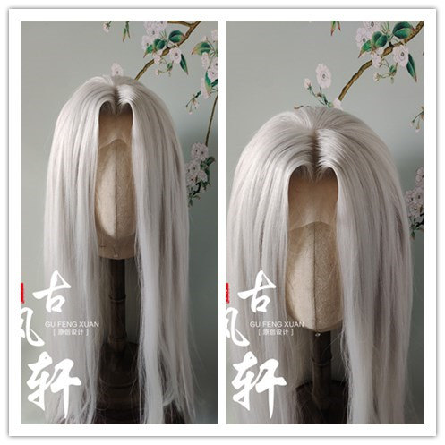 古装中分立体银白色假发美人尖