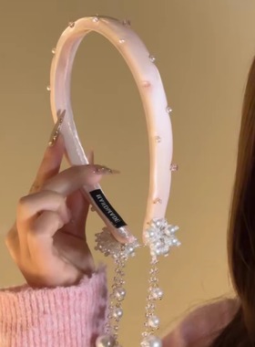 仙女粉水钻珍珠流苏发箍早春新中式高级感缎面头箍假耳环发饰头饰