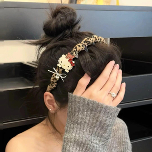 韩系豹纹可爱kt猫发箍女高颅顶气质头箍防滑带齿发饰甜酷发卡头饰