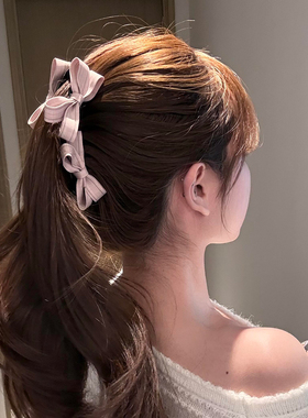 超温柔！粉色双面蝴蝶结香蕉夹竖夹女高马尾发夹后脑勺抓夹发饰