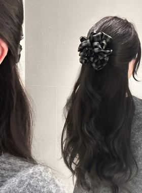 博主同款！格纹蝴蝶结抓夹女后脑勺盘发夹大号鲨鱼夹头饰发卡发饰