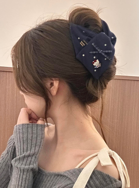 原创手作！牛仔蓝布艺kt猫三角抓夹女发饰后脑勺发夹鲨鱼夹头饰