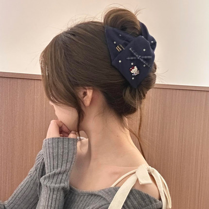 原创手作！牛仔蓝布艺猫咪三角抓夹女发饰后脑勺发夹鲨鱼夹头饰