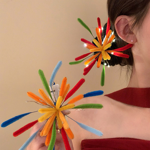 新年花火 毛绒扭扭棒发光烟花发夹成品侧边鸭嘴夹女发卡盘发头饰