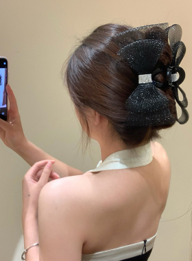 精致闪锆黑色网纱蝴蝶结抓夹女高级感鲨鱼夹2026巨好看发饰发夹