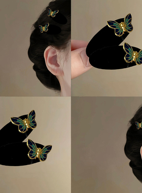 新中式复古蓝色小蝴蝶丝绒发夹子侧边夹刘海夹发饰女国风发饰发卡