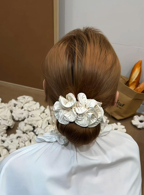 定制版~韩系奶油白小金标褶皱花瓣大肠发圈女头绳头花发饰丸子头