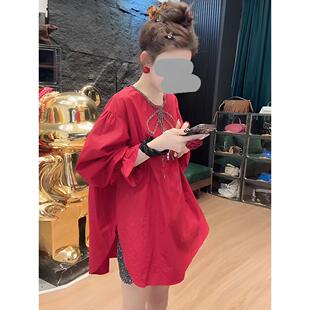 重工钉珠镶钻蝴蝶结红色喇叭袖长袖衬衫女2025春秋装新款衬衣上衣