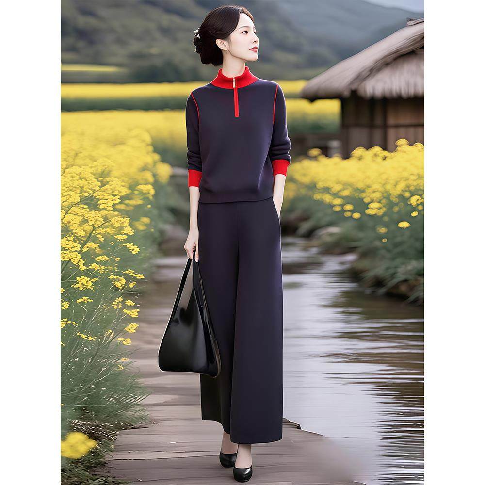 2025春秋新款设计感撞色拼接立领上衣女气质松紧腰直筒休闲裤套装