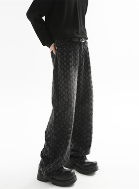 蓝色提花满印牛仔裤男秋季潮牌设计感小众直筒裤美式高街vibe裤子