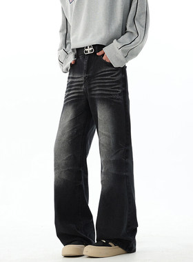 美式复古黑色水波纹水洗牛仔裤男潮牌痞帅炸街裤子直筒裤