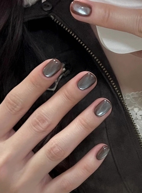 新款棕蓝猫眼穿戴甲秋冬显白灰咖玻璃珠美甲成品贴片蓝色细闪美甲