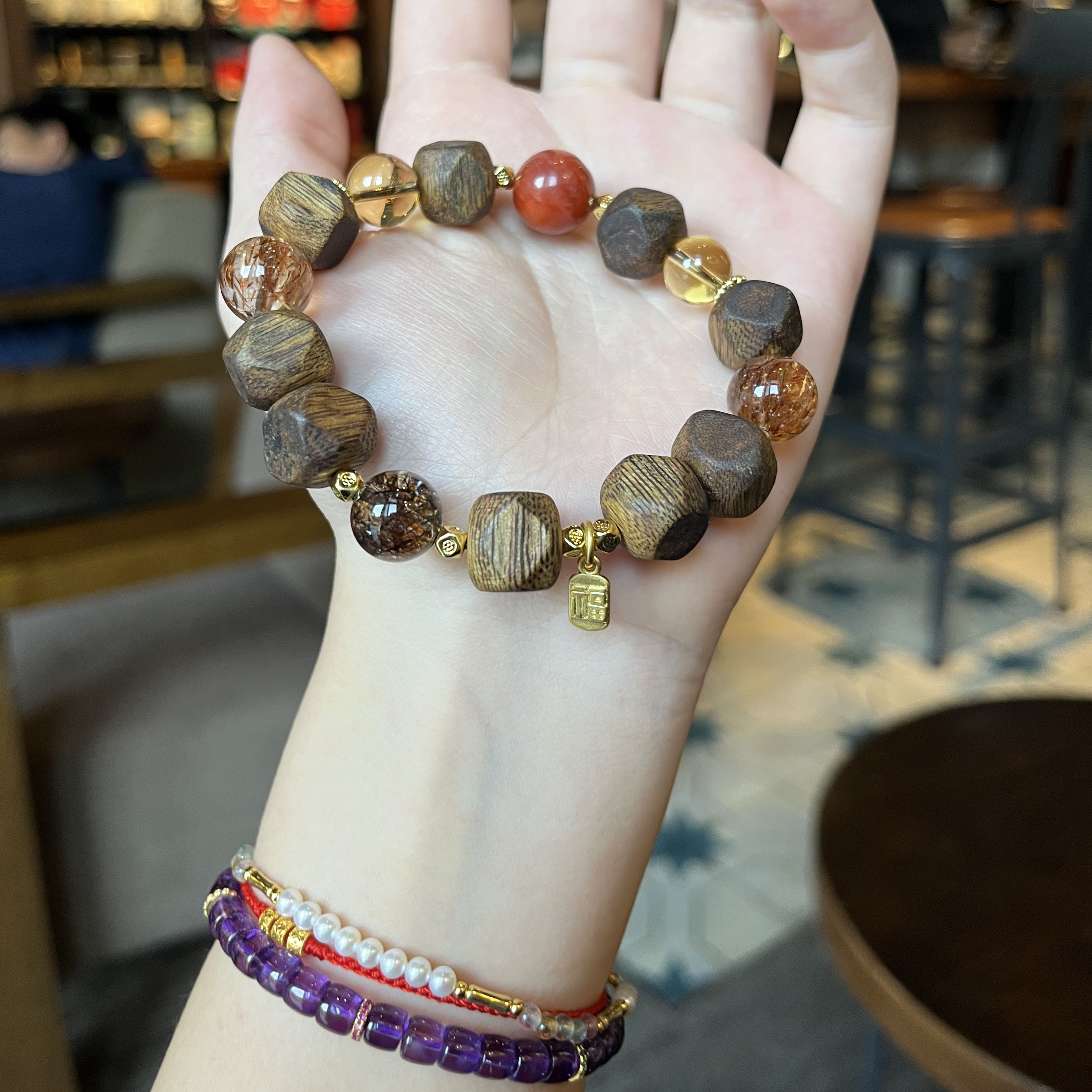 【锤圣】原创设计绿棋楠沉香钻切手串搭配黑金超黄水晶南红手链