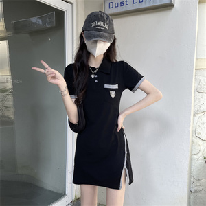 PS55692# 减龄显瘦短袖连衣裙女网红小个子开叉小黑裙潮 服装批发夏装新款货源