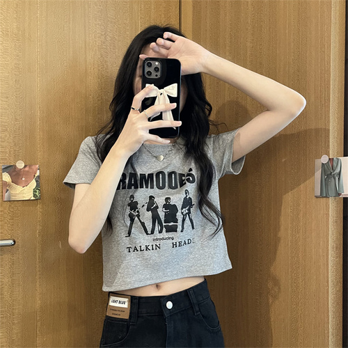 Real price real shot grey lettered print age reducing top loose women's short open navel short sleeve T-shirt