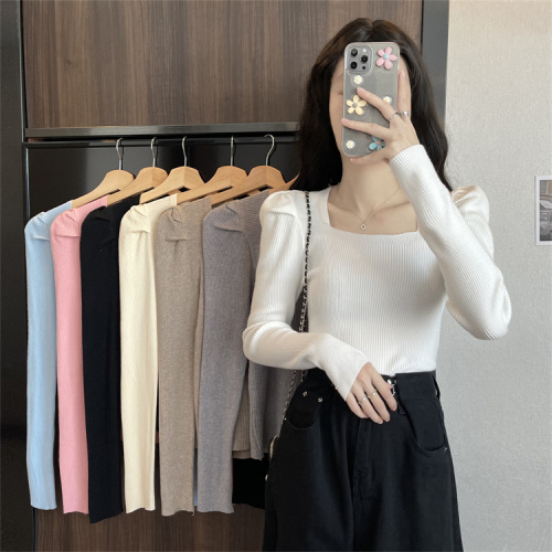 Real price real shot knitwear versatile square collar bottomed blouse women's winter blouse slim fitting long sleeve inner sweater women