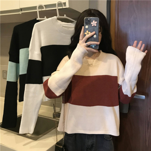 Real price real shot striped sweater women's New Retro loose lazy style long sleeve Hong Kong style top