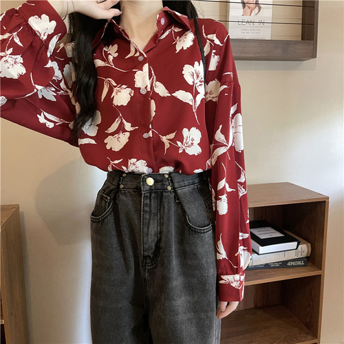 Real price real shooting French retro printing design sense of minority autumn thin long sleeve Flower Chiffon shirt women