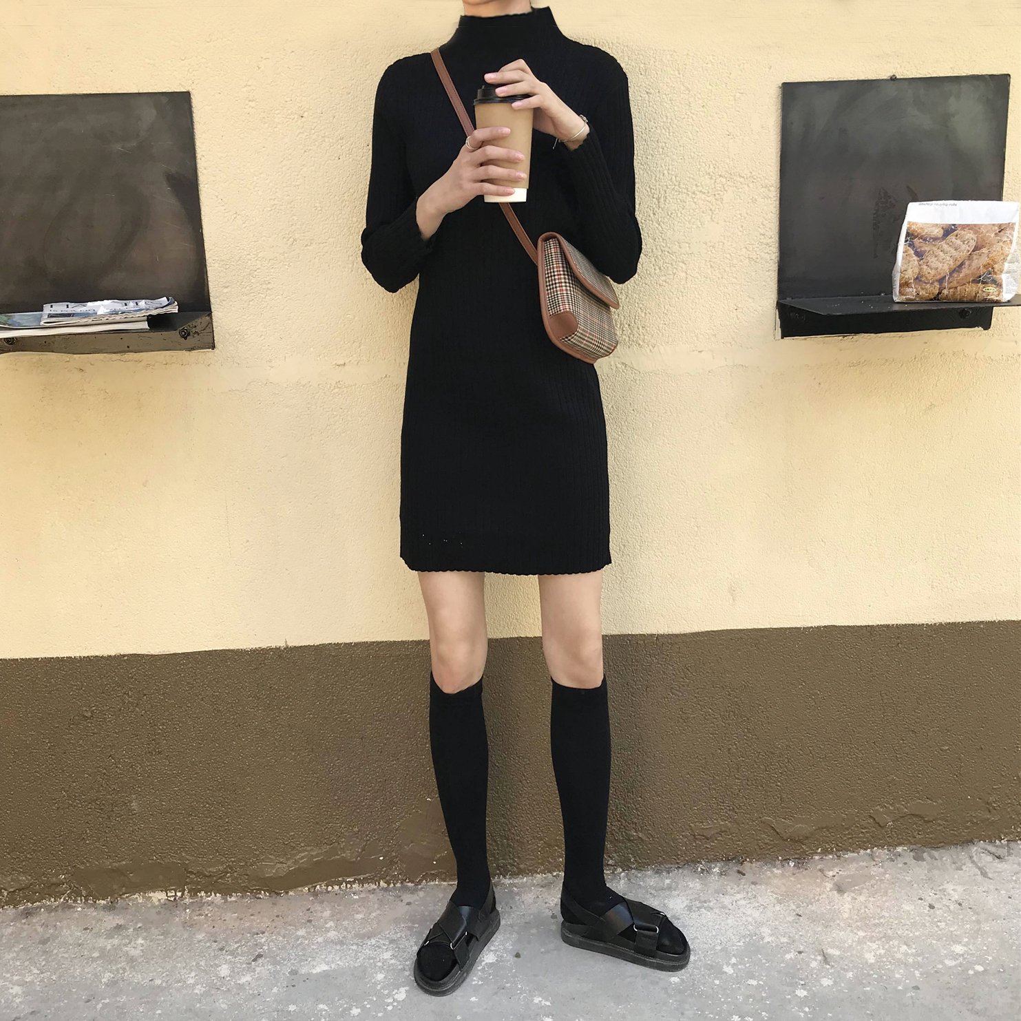 Real price real shot 3 solid color boudoir knitted pit stripe bottomed dress women's new small black skirt