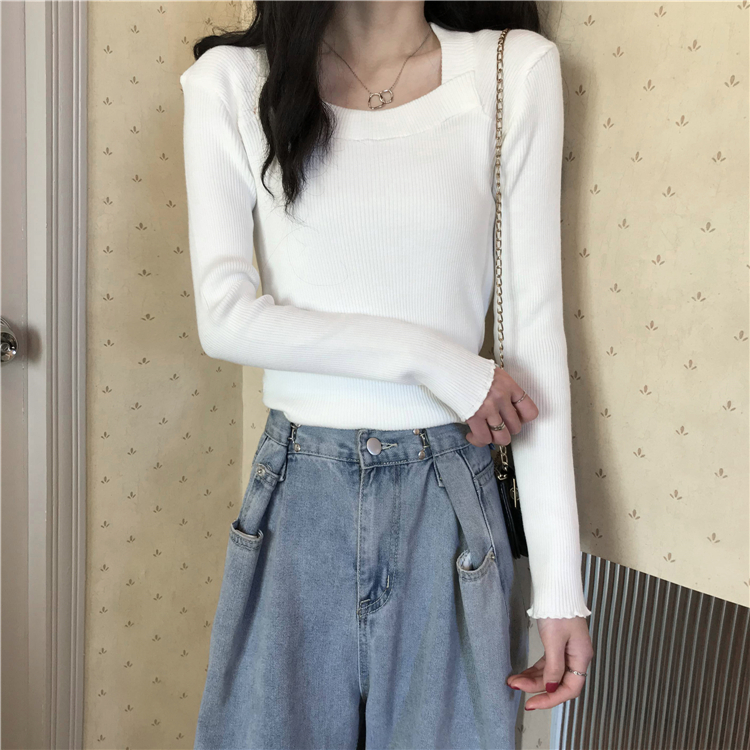 Real price real shot thickened slim show clavicle versatile square collar with long sleeve blouse