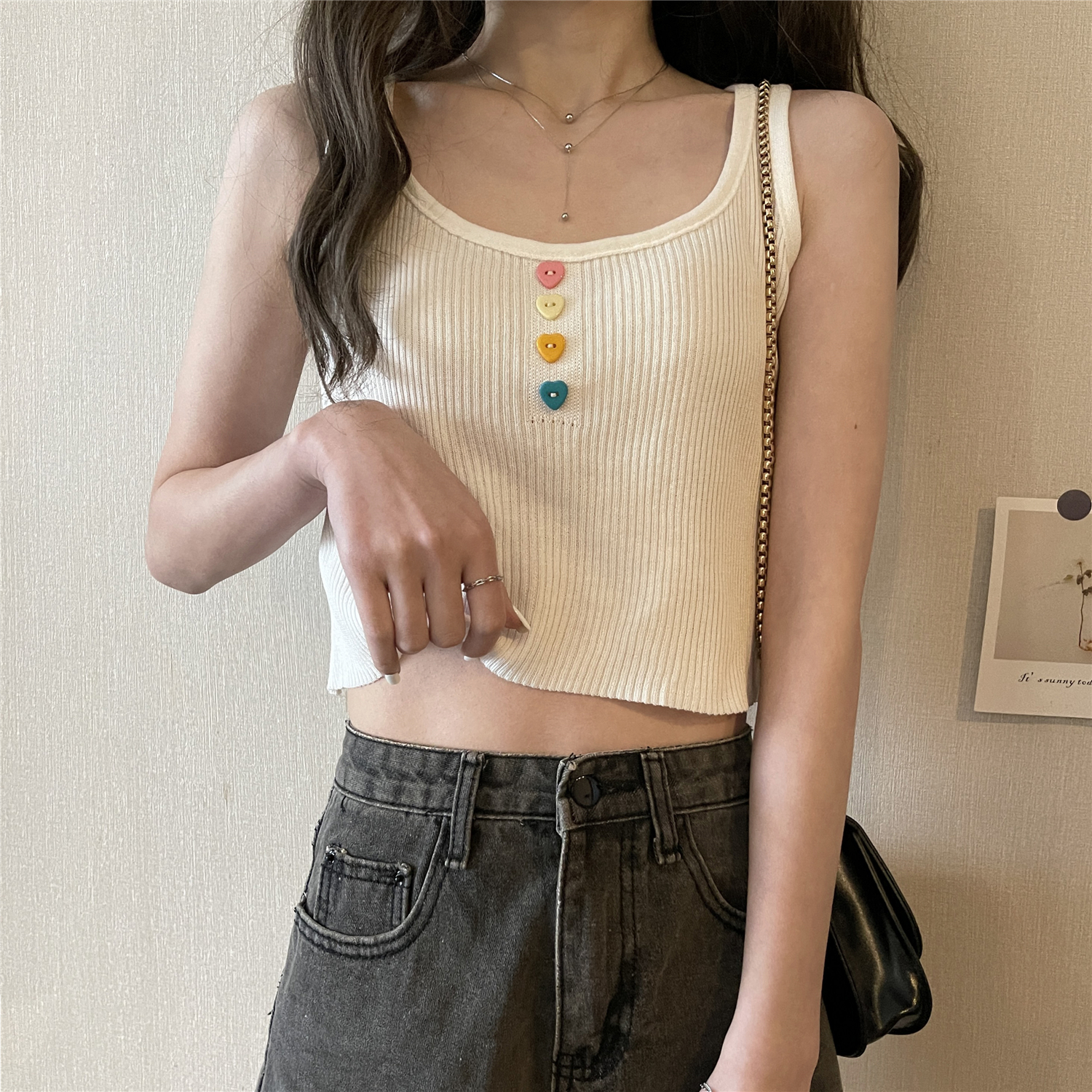 Real price real shot knitted suspender vest for women to wear new Korean color buttons in summer